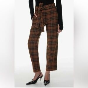 New Aritzia Wilfred Plaid Tie-Belt Pants in cognac black size 2
